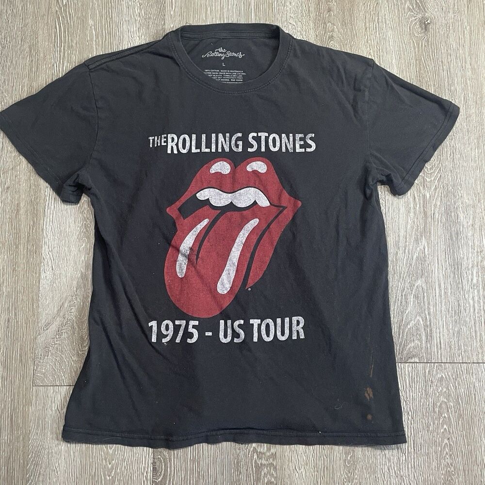 The Rolling Stones Womens 1975 US Tour Black Short Sleeve Crewneck Cotton Tee L